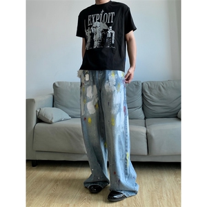 【有货】美式复古涂鸦扎染牛仔裤男女同款宽松裤子NZ803LL-特P55图片