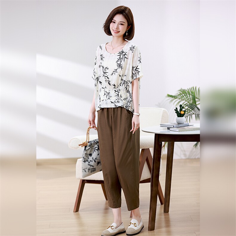 优雅印花宽松两件套女夏装新款时尚休闲裤套装,女装套装/套裙,叶笙衣