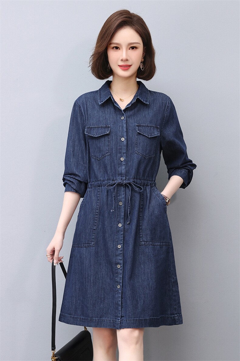 2023年春季新款复古通勤收腰大口袋牛仔连衣裙女显瘦长袖衬衫裙潮,女装连衣裙,希欧阁
