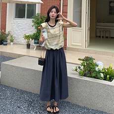韩版慵懒风无袖条纹T恤套装女2025夏季新款显瘦高腰半身裙两件套，女装套装/套裙，浙宝210（原浙宝191）