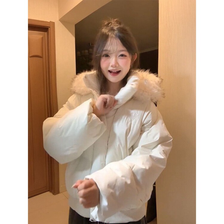 日系温柔减龄风气质白色连帽毛领棉服加厚保暖宽松休闲氛围感棉衣图片