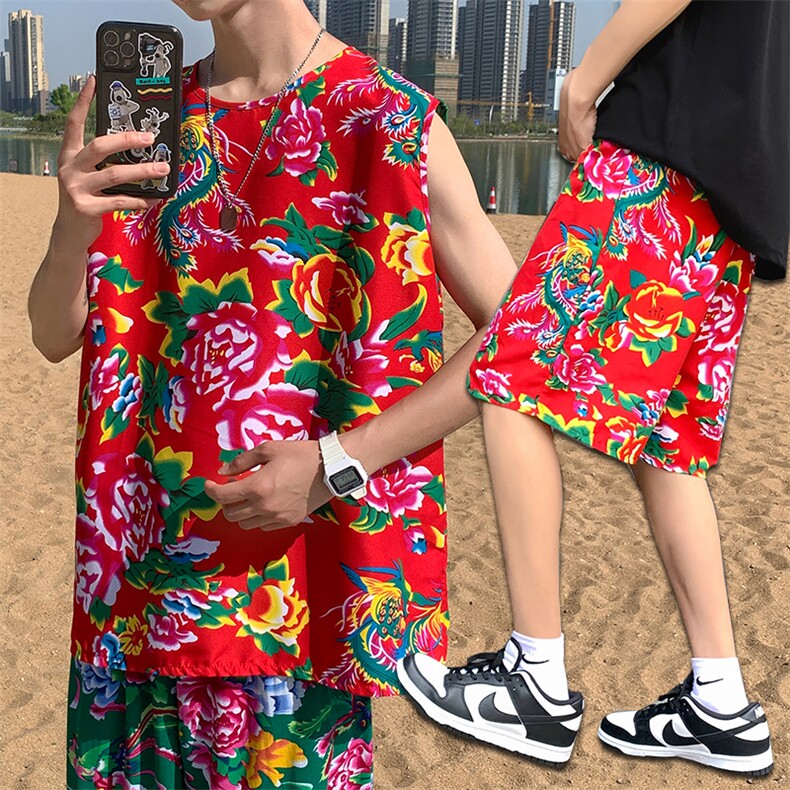 TZ01男士休闲大码东北大花T恤短裤套装男女运动休闲装风特色，男装休闲套装，星座115A(原星座507）