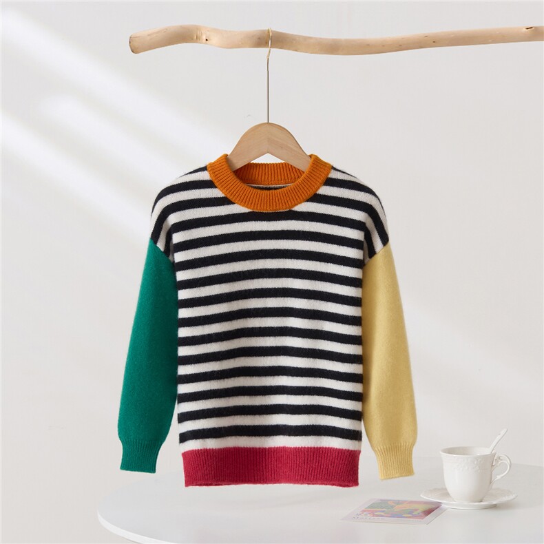 2025年新款百搭女士斑马条纹撞色圆领长袖羊绒衫，童装儿童羊绒衫，轩曦羊绒
