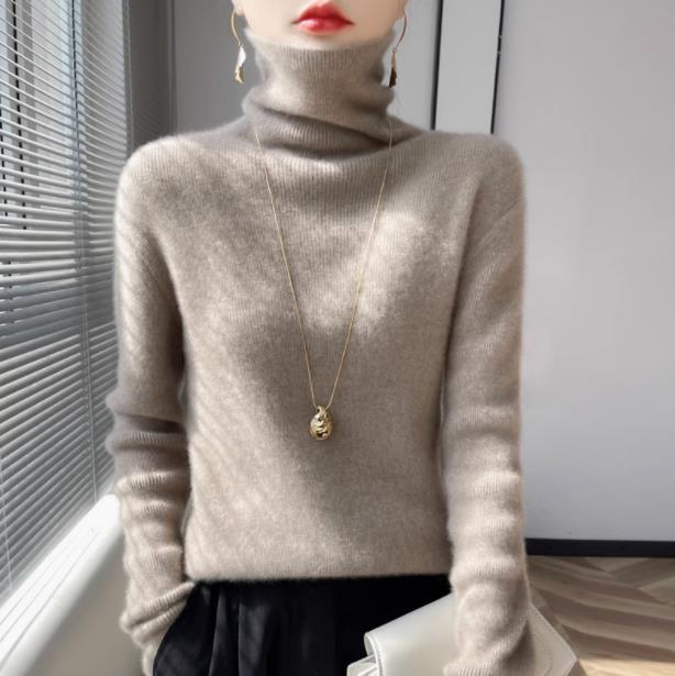 24新款高领100羊毛衫女宽松慵懒纯色针织毛衣加厚显瘦上衣,女装羊毛衫,鸿陌羊绒