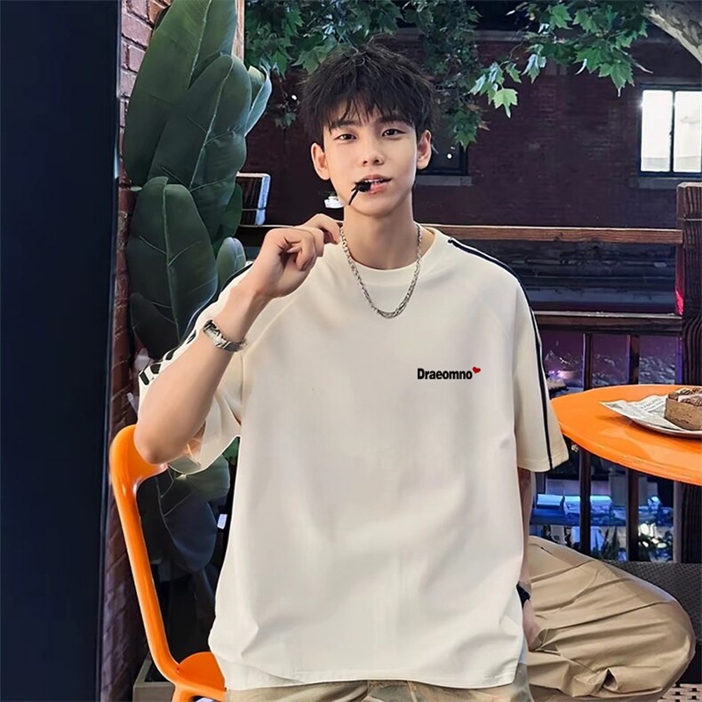 抖音得物高品质二开240克宽松纯棉美式潮牌三条杠织带短袖T恤，男装T恤，电商A486-1