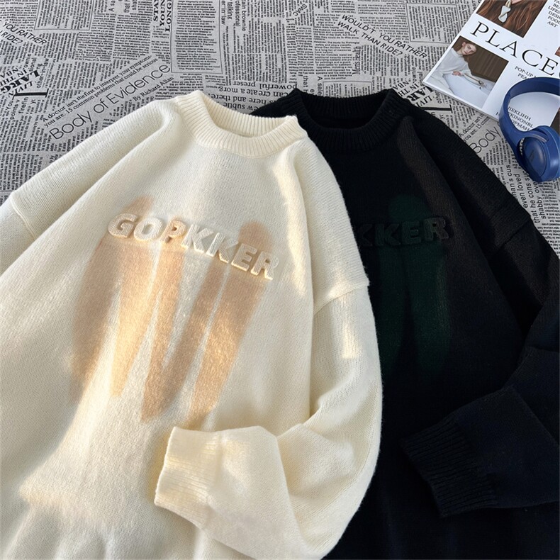 M8176/P65冬季字母圆领毛衣潮流宽松针织衫港?大码印花美式毛衣,男装针织衫/毛衣,电商A141