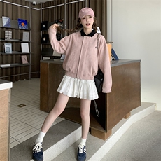 甜美风粉色拼色翻领休闲夹克上衣女2025小众设计感美式棒球服外套，女装短外套，2C201