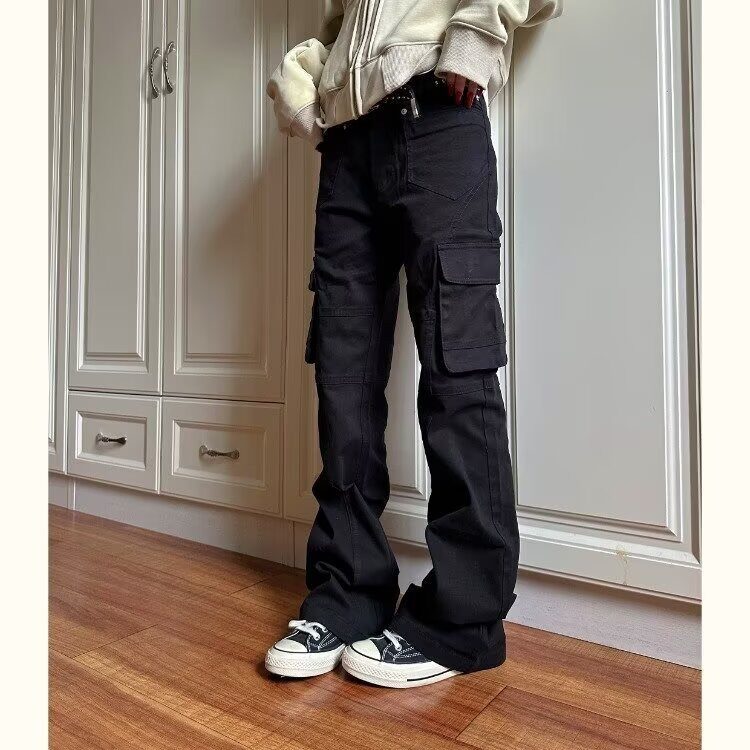 黑色大口袋工装长裤男女同款cleanfit潮流百搭直筒修身微喇休闲裤图片