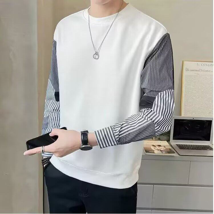 25港风拼接卫衣男春秋新款帅气圆领条纹衬衫袖上衣青年休闲打底衫，男装T恤，星座506A