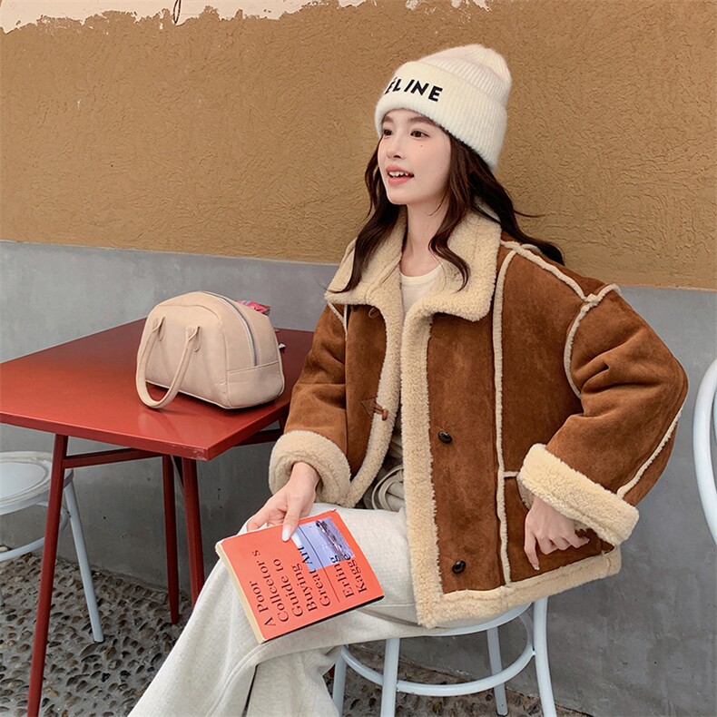 皮毛一体羊羔毛外套女冬季保暖麂皮短款上衣99037款P195K278,女装短外套,2C316