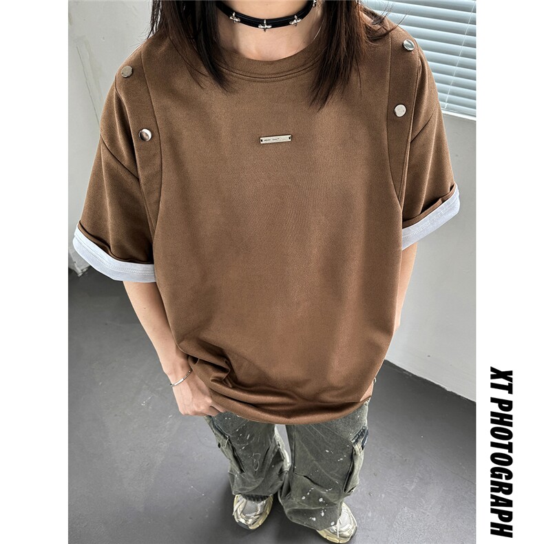 24夏季新款设计感美式高街麂皮绒情侣短袖上衣男女中性D244P38,男装T恤,电商A335-1（原A458）