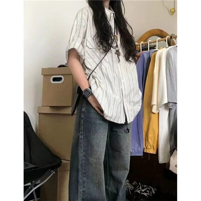 简约竖条纹短袖衬衫男夏ins百搭休闲宽松抽绳衬衣外套CM149,男装衬衫,星座1116A（原606A-3）