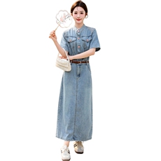 现货2024夏季新款新中式刺绣提花连衣裙女复古收腰牛仔裙中长裙子，女装连衣裙，美拉德工厂直营店