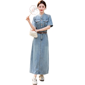 现货2024夏季新款新中式刺绣提花连衣裙女复古收腰牛仔裙中长裙子图片