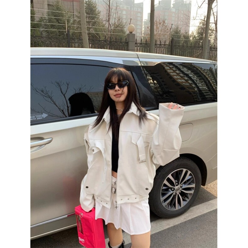 美式复古白色PU皮短款外套男女cleanfit高级感宽松情侣机车服夹克,男装夹克,星座506A