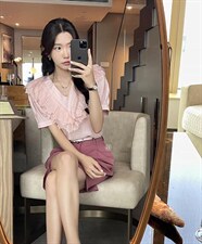 夏·新款2022 韩版V领纱不规则边纹上，其它，意妹EAMEI(3F)