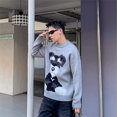 2025新款小狗图案圆领针织衫男女秋冬复古慵懒风情侣休闲打底毛衣，男装T恤，星座1210-1