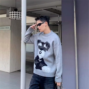 2025新款小狗图案圆领针织衫男女秋冬复古慵懒风情侣休闲打底毛衣图片