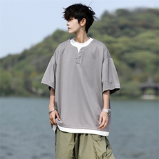 8XL-M重磅斜纹假两件短袖t恤男夏季薄款宽松大码半袖体恤DT006P45，男装T恤，电商B312