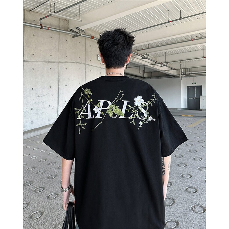 美式高街刺绣花卉短袖t恤男女夏季宽松刺绣字母情侣上衣T5083-P43,男装T恤,星座308B-1