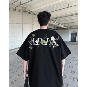 美式高街刺绣花卉短袖t恤男女夏季宽松刺绣字母情侣上衣T5083-P43图片
