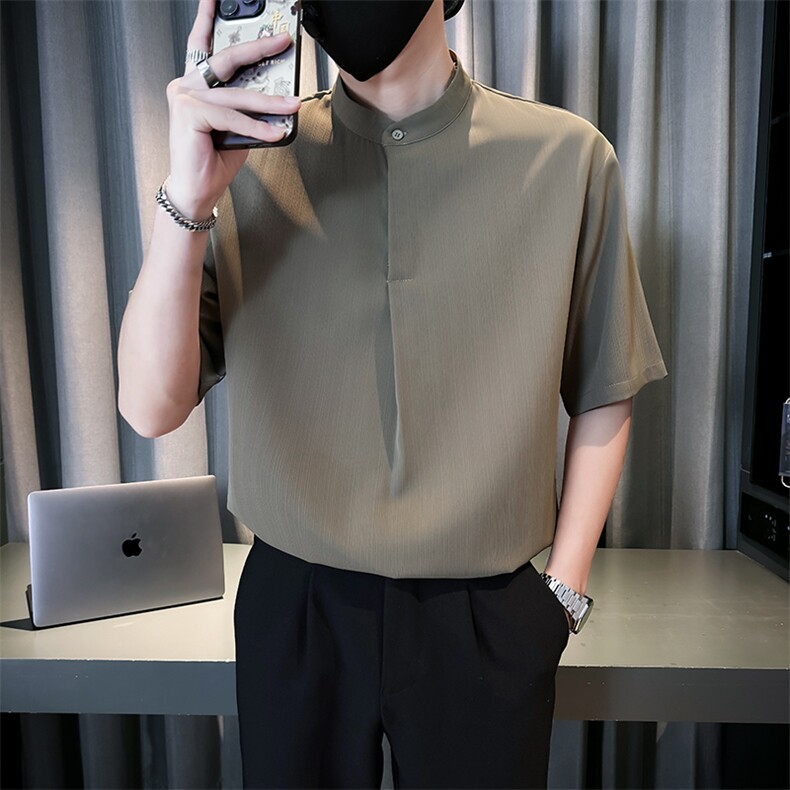 抖音夏季男士七分袖纯色冰丝衬衫男宽松衬衣A236-0855-P58图片