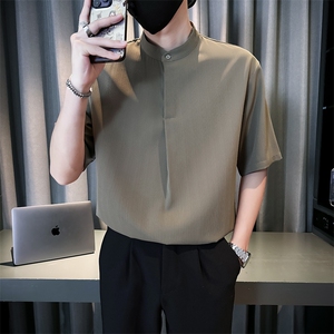 抖音夏季男士七分袖纯色冰丝衬衫男宽松衬衣A236-0855-P58图片