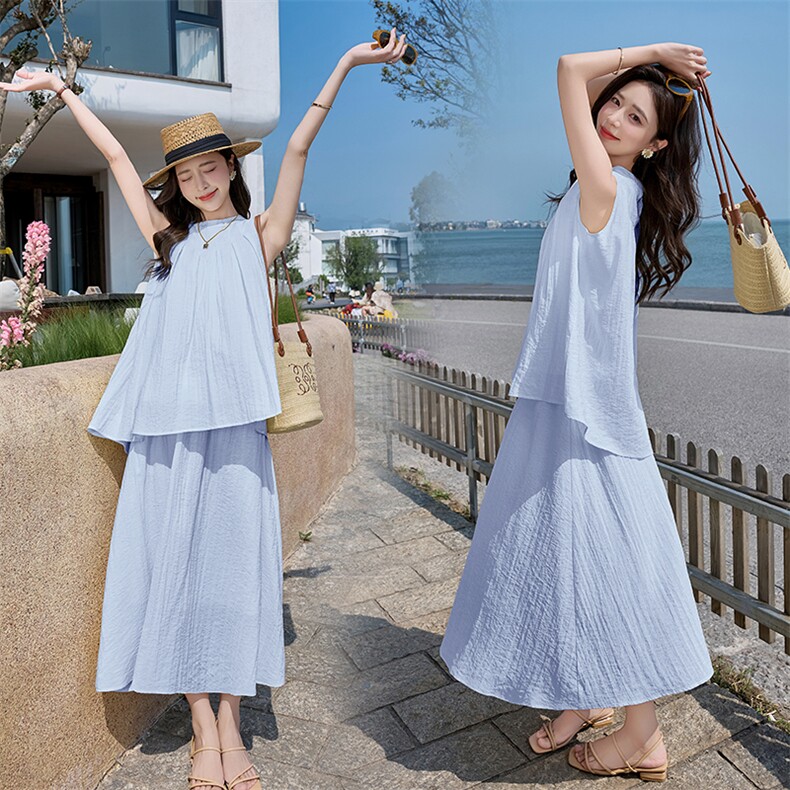 慵懒风无袖背心套装女2025夏季新款气质洋气简约纯色宽松两件套裙，女装套装/套裙，潮流依族