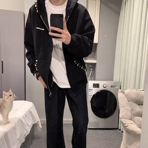 有货DJ609-特批50美式复古珍珠设计感连帽短款卫衣外套图片