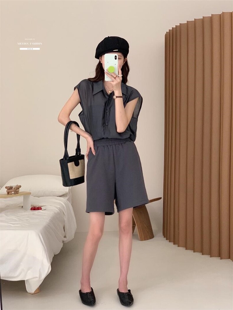 防晒套装女薄款欧洲站夏季2022新款欧货衬衫阔腿短裤两件，女装职业装，香丽迪1