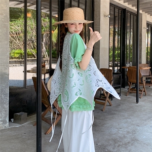 温柔风不规则蕾丝罩衫木耳边衬衣套装女夏季2025新款阔腿裤三件套图片