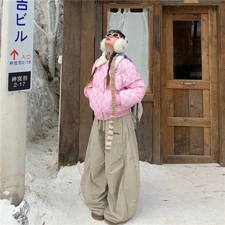 1506-1/M78451/P84女生时尚美式格子羊羔毛毛领短款棉服图片