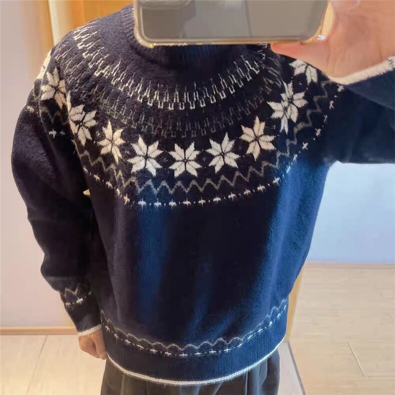 M17-P52复古重磅费尔岛提花圆领针织衫男女宽松情侣休闲打底,男装T恤,电商B323A