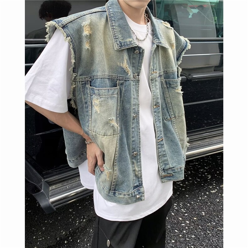 韩版水洗做旧牛仔马甲男女垫肩无袖短款外套翻领潮牌复古宽松休闲，男装背心/马甲，星座1013