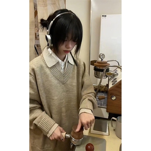 重磅北极绒假两件衬衫领毛衣美式高街复古休闲慵懒纯色翻领针织衫图片