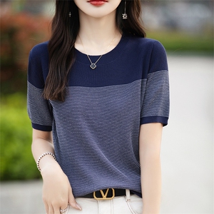 条纹短袖t恤女气质圆领夏季薄款轻奢高级感上衣夏季图片