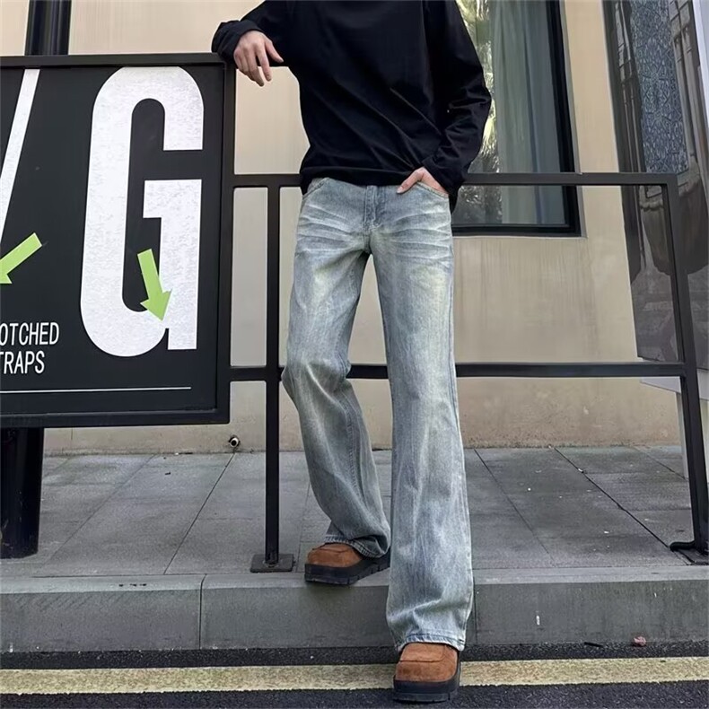 美式复古猫须冰蓝色微喇显瘦牛仔裤男宽松直筒百搭休闲裤NZY690，男装牛仔裤，星座516A