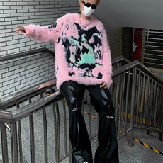 美式嘻哈粉色毛绒毛衣男女秋冬宽松慵懒加厚针织衫上衣M2240-p68，男装针织衫/毛衣，星座1008