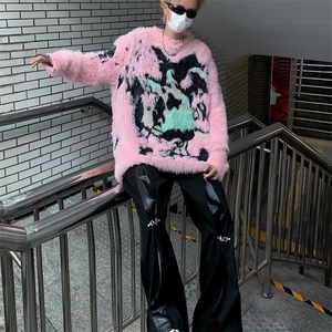 美式嘻哈粉色毛绒毛衣男女秋冬宽松慵懒加厚针织衫上衣M2240-p68图片