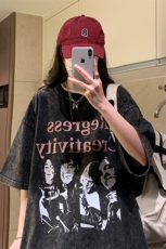 港风2026夏季中性水洗做旧半袖美式男女情侣复古短袖T恤衫S179P43，男装T恤，电商A233-1