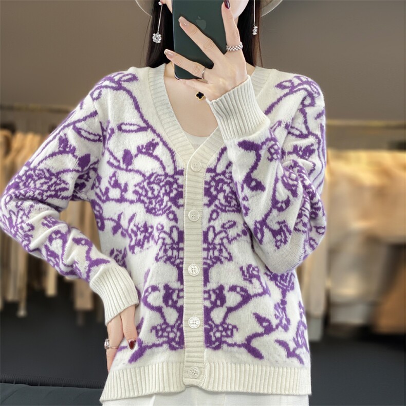清仓】青花瓷女开衫外套20244秋提花V领毛衣女短款针织开衫羊绒衫,女装羊绒衫,鹿一羊绒