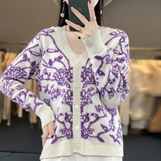 清仓】青花瓷女开衫外套20244秋提花V领毛衣女短款针织开衫羊绒衫，女装羊绒衫，鹿一羊绒