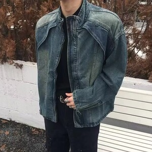 现货春秋宽松做旧立领重磅解构牛仔外套男拉链夹克 网图JK003-78图片