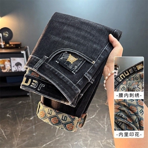 1506-01/KS2051/P49男牛仔裤直筒印花时尚百搭修身弹力休闲裤男图片