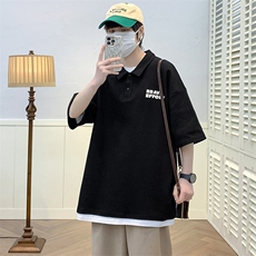 夏季青少年假两件印花半袖纯色港风翻领T恤短袖1500-P45控价68，男装T恤，电商A441-1