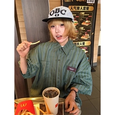 美式复古绿色条纹短袖衬衫男夏季潮牌高级感情侣衬衣宽松痞帅外套，男装T恤，星座506A