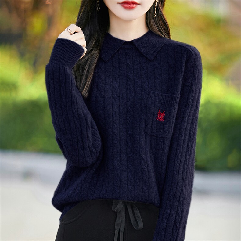 秋冬翻领刺绣扭花羊毛衫女针织打底衫套头长袖毛衣宽松Polo领加厚,女装羊毛衫,暖烁羊绒
