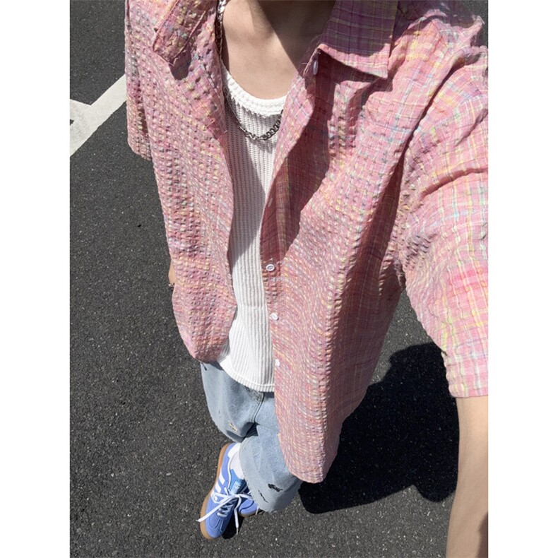 B221美式ins高街宽松薄款泡泡格短袖衬衫SY2548-特P35控59,男装T恤,电商B221