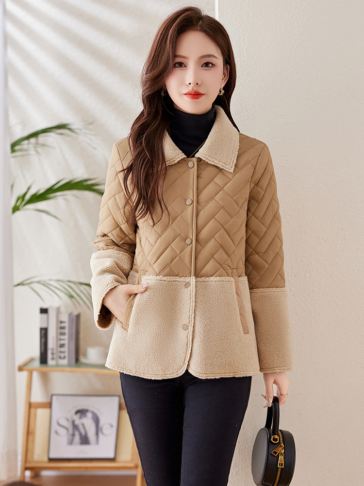 羊羔毛拼接轻薄羽绒棉服女2024冬新款时尚菱格夹棉保暖棉服小棉袄,女装棉衣/棉服,姿衣坊