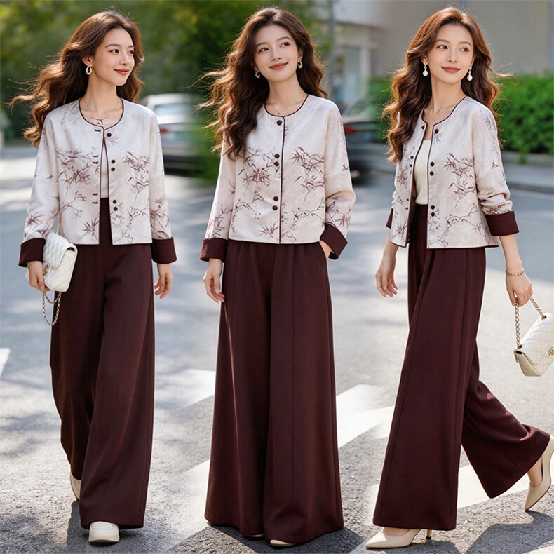 芷墨春季复古新中式休闲日常通勤俩件套高腰显瘦显高阔腿长裤外套，女装套装/套裙，芷墨服饰